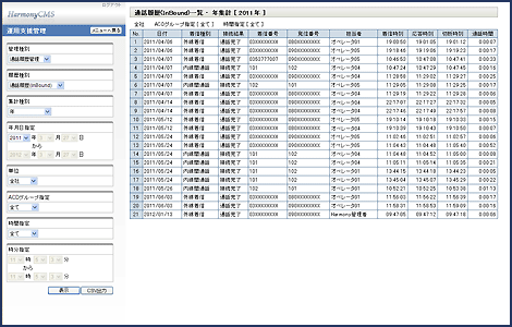 通話履歴画面(クリックで拡大表示) HarmonyCMS 通話履歴画面