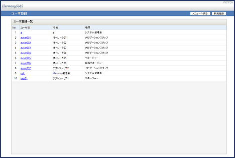 ユーザ登録一覧画面(クリックで拡大表示) HarmonySMS ユーザ登録一覧画面